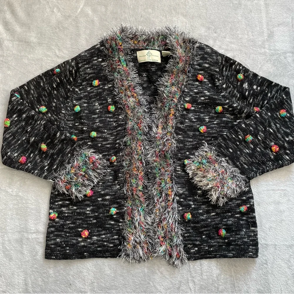 Design Options Holiday Cardigan Sweater XL Fringe Bobble Static Marl Wool‎ Blend